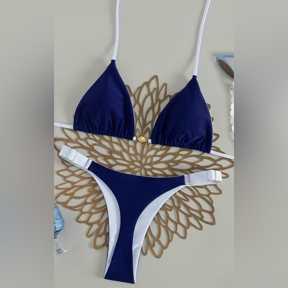 Chic Blue White Halter Thong Bikini Set